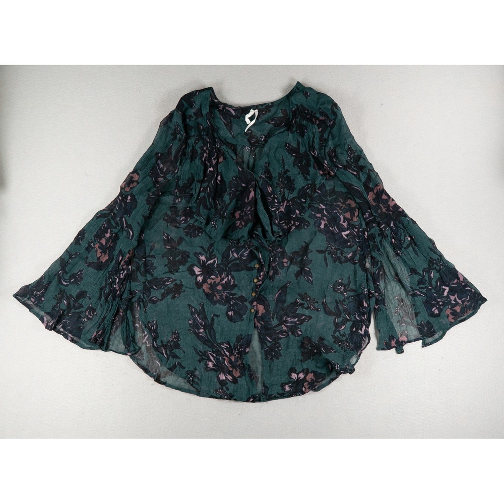Feather Bone Anthropologie Floral Bell Sleeve Ruffle Blouse Teal Green Medium